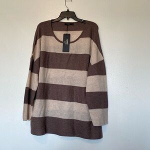 LUSSO Cashmere Logan  Plus Size Heather Caramel Combo Striped Cream sweater